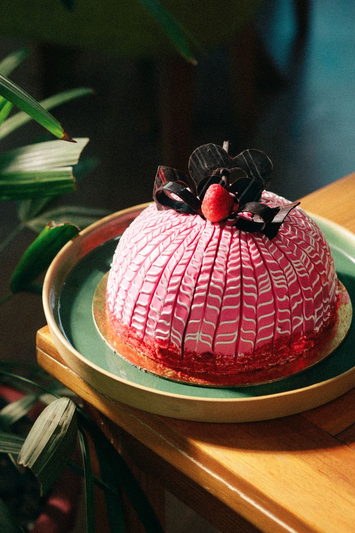 services-img A beautifully decorated pink dome cake with a chocolate flower and cherry garnish, perfect for celebrations.